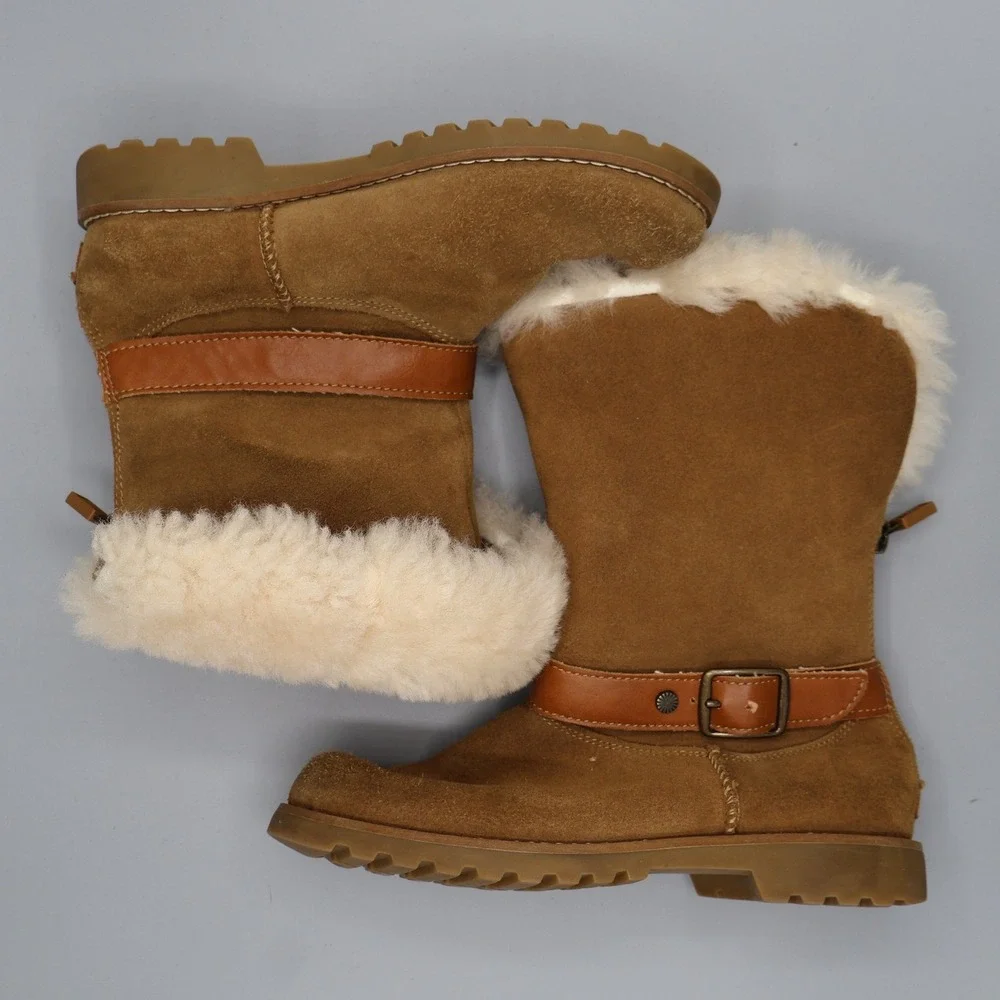 UGG Nessa Shearling Chestnut Suede Boots‎ Kids Size 1 Buckle Zip Warm Boho